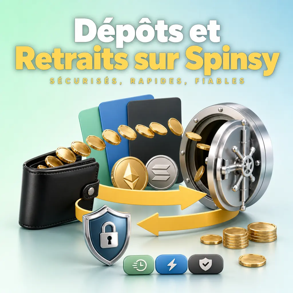 Guide des dépôts et retraits sur Spinsy : méthodes de paiement, montants minimums et délais de traitement des transactions.