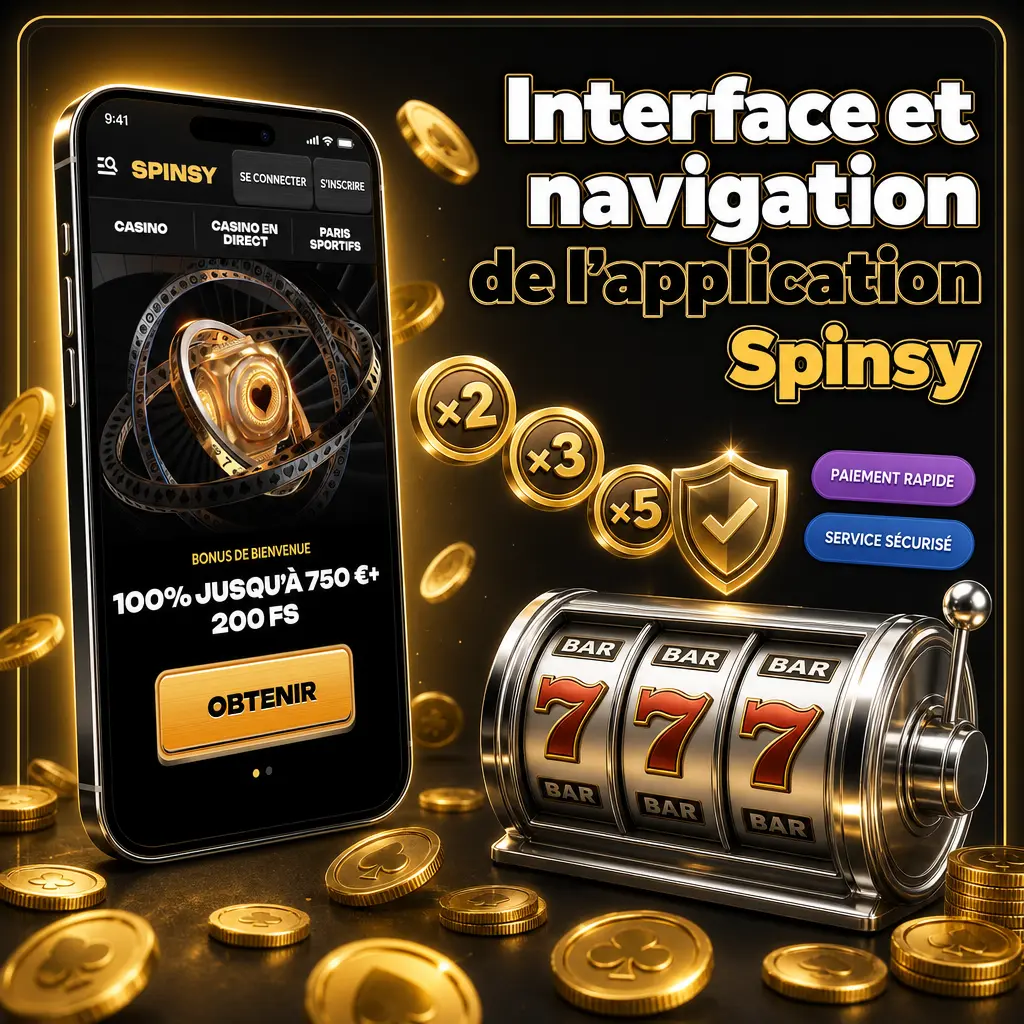Interface de l'application Spinsy avec menu fixe pour accéder aux paris sportifs, casino et profil