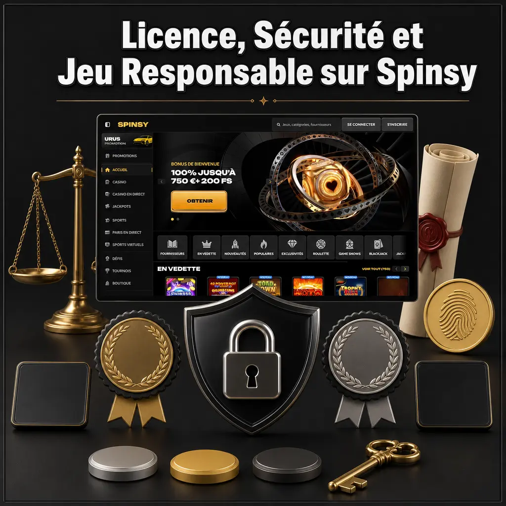Licence Curaçao 365/JAZ, chiffrement SSL, vérification KYC et outils de jeu responsable sur Spinsy