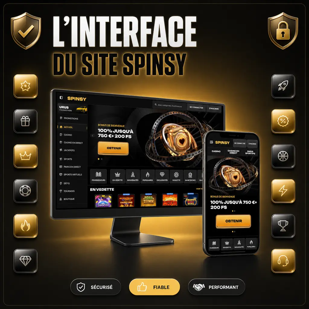 Interface du site Spinsy avec barre de navigation : Sports, En direct, Casino, Casino en direct et Promotions