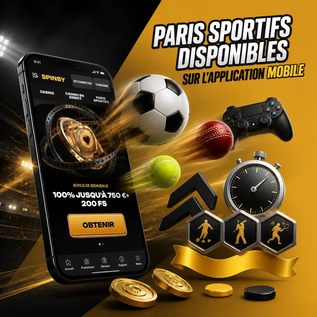 Application mobile Spinsy proposant paris sportifs prématch et live sur football, tennis, basketball, rugby et eSports