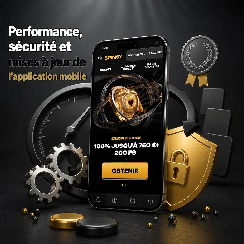 Application mobile Spinsy sécurisée SSL 256 bits, licence Curaçao, performances optimisées sur Android et iOS